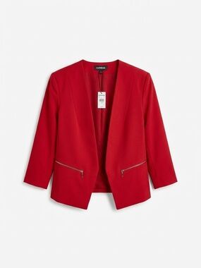Express Red Open-Front Zip-Pocket Blazer